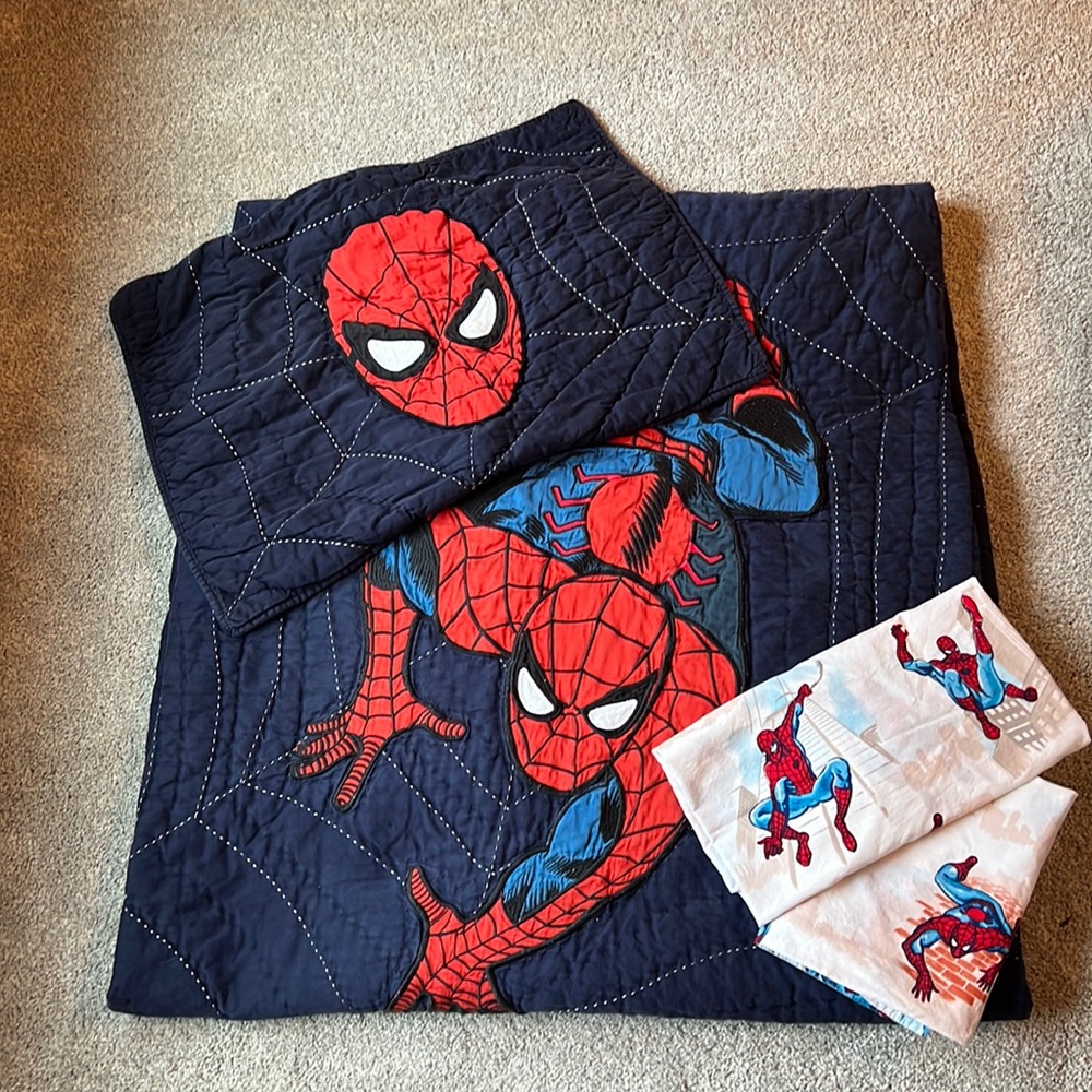 Pottery Barn Spider-Man Quilt, Sham, and Sheets